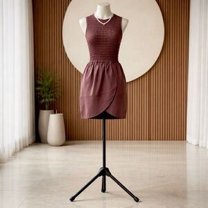 Geren Ford Brown Leather Smocked Tulip-Hem Mini Dress